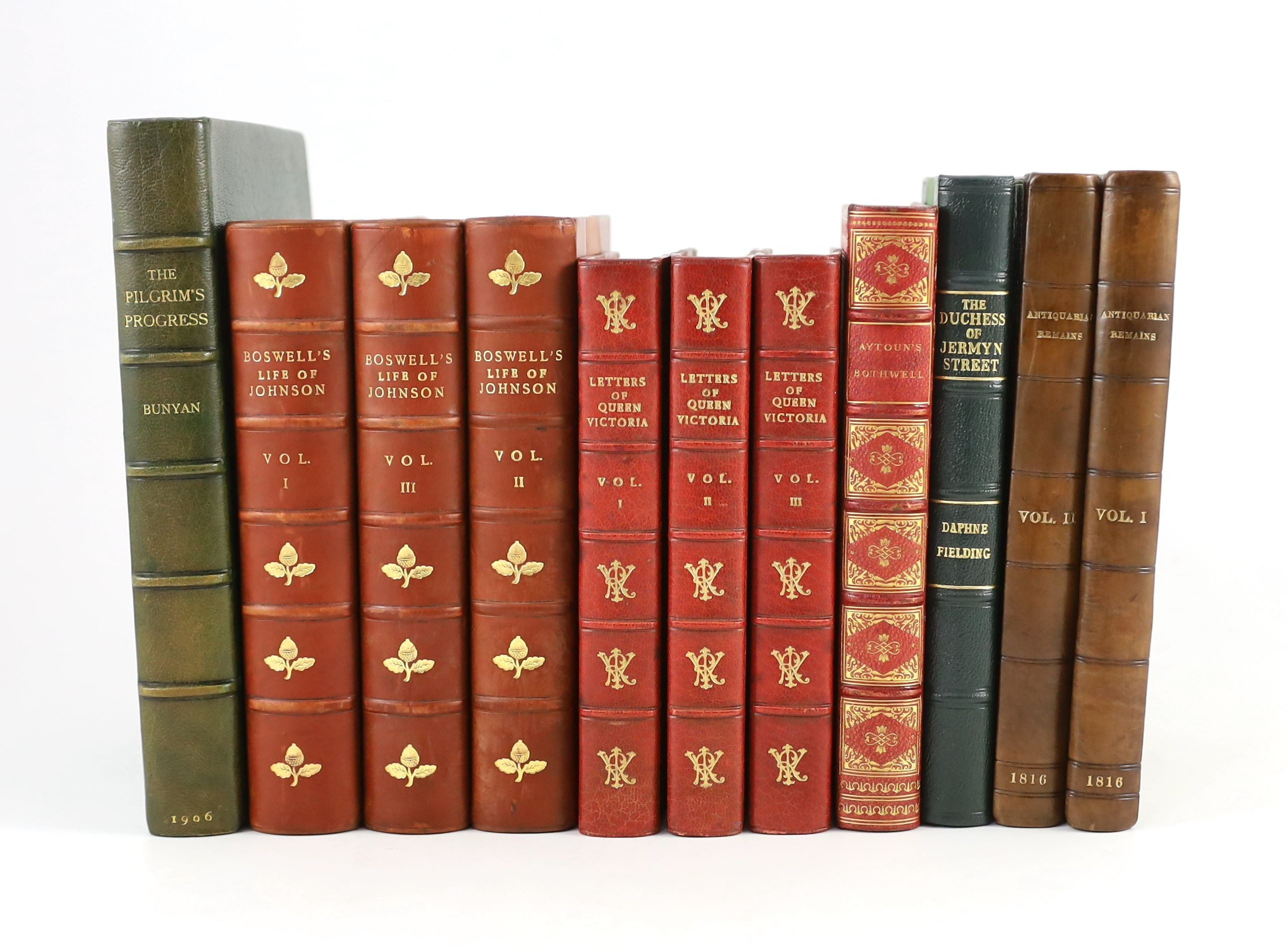 General works - Bunyan, John - The Pilgrim’s Progress, 8vo, green morocco, Arthur L. Humphrey’s, London, 1906; Boswell, James - The Life of Samuel Johnson, 3 vols, 8vo, half calf, London, 1925; Benson, A. C (editor) - Th